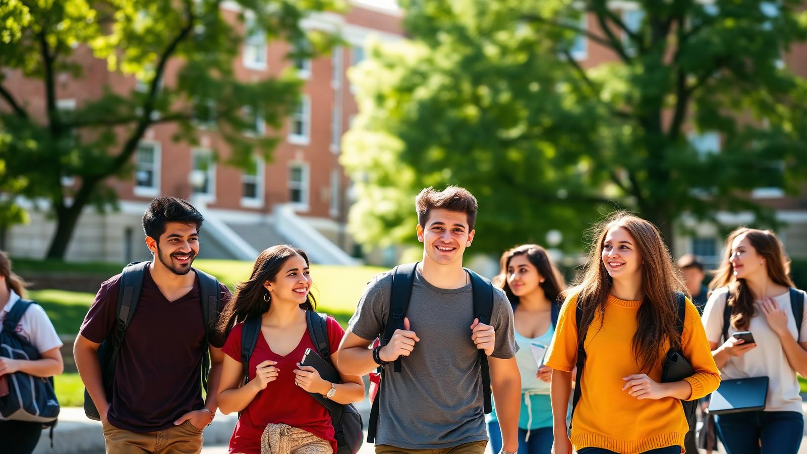 A diverse group of college students in their twenties walking together on a sunny campus quad